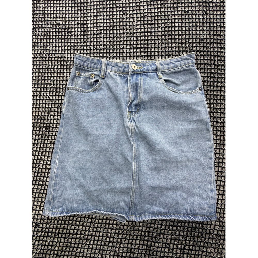 ChouYaTou Denim Mini Skirt Womens Small Light Blue Cotton Blend Slit